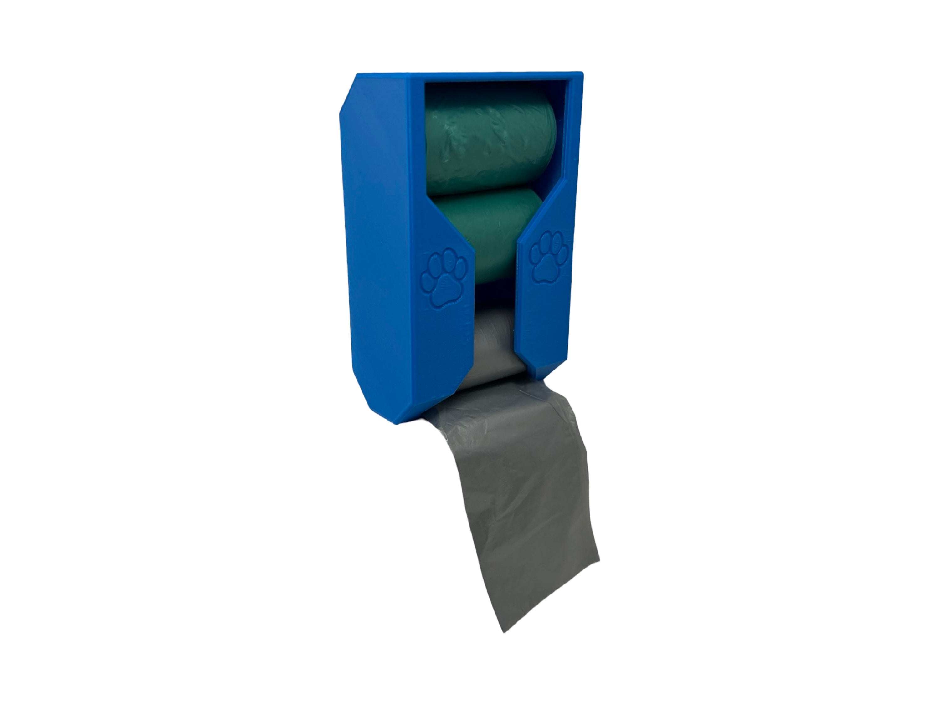 A 3D printed dog poop bag holder in blue, loaded with a roll of bags